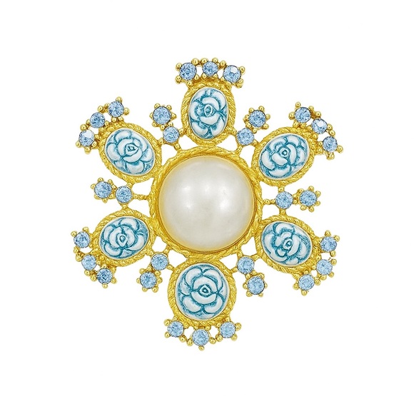 Accessories - Vintage Blue Flower and Pearl Brooch